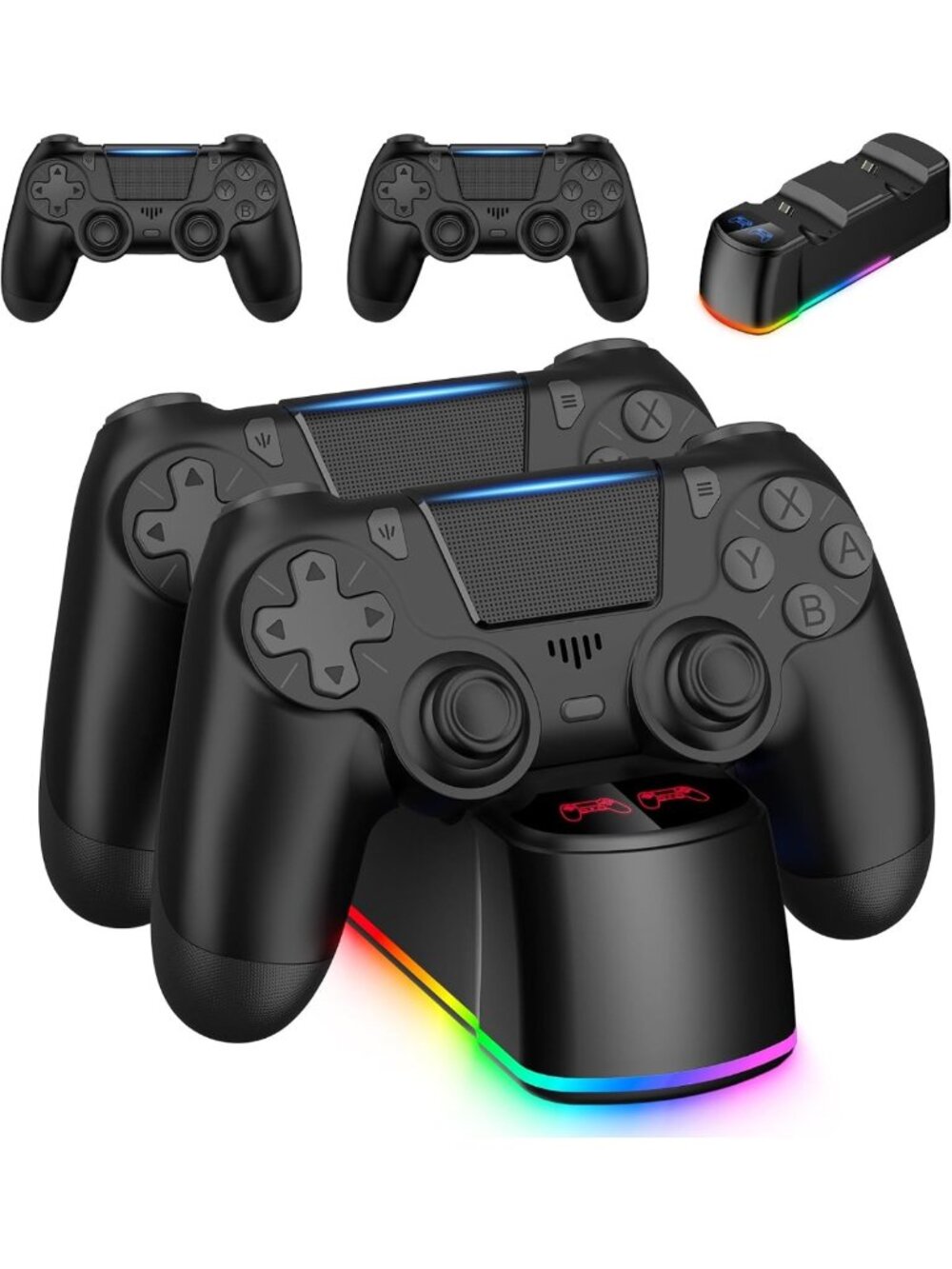 2 Pack Wireless Controllers with Charging Dock for PS4/Pro/Slim - LED Black